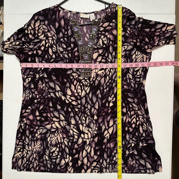 Chicos Embellished V-neck Long Sleeve Tunic Top Purple Beige Leaf Print Sz 3 XL - Picture 5 of 5